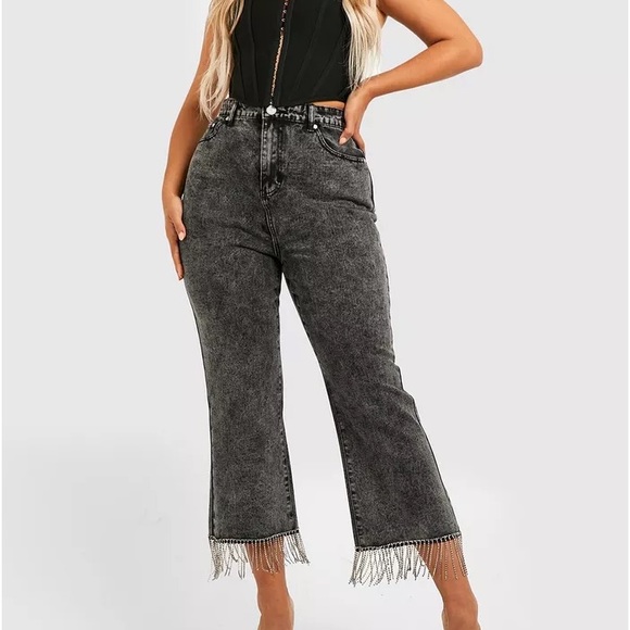 BOOHOO Diamante Fringe Black Grey High Rise Flare Jeans Plus UK 22 EU 50 US 18